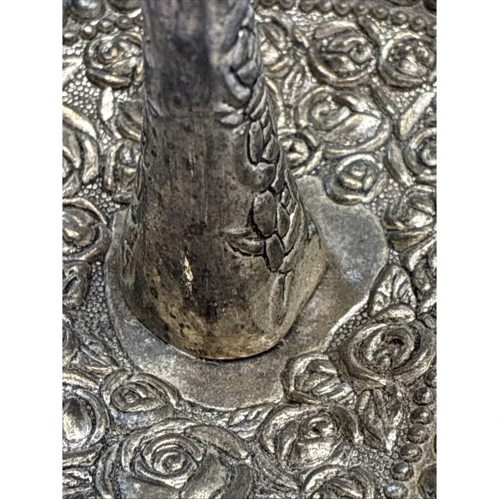 Heart Shaped Ornate Ring Holder Dish Silver Plated Vintage Patina Victorian Rose